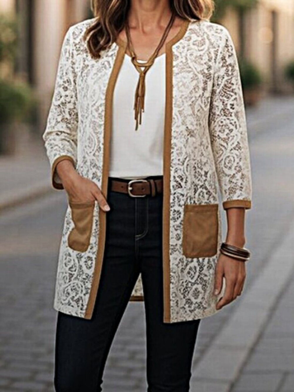 Chicos Faux Suede Trim Lace Duster Coat size 1